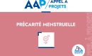 Banner promoting an initiative: 'Appel à Projets' about menstrual precarity (framing text 'PRÉCARITÉ MENSTRUELLE') with pink background and logos, including a Province Sud emblem.
