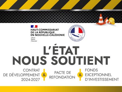 Banner graphic: French government support message with logos, safety cones and hard hat on white background, saying "L'ÉTAT NOUS SOUTIENT".