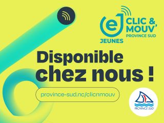 Bright yellow banner advertising Province Sud Jeunes; large 'Disponible' text, teal logo and teal ribbon graphic, with a URL province-sud.nc/clicmouv