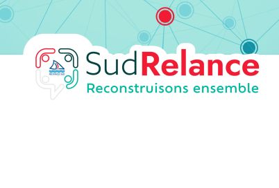 SudRelance banner: logo and the slogan 'Reconstruisons ensemble' on a teal network background.