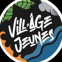 Circular logo with black background, white text 'Village Jeunes' and surrounding green leaves, orange flame, and blue waves.