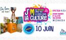 Colorful J'M LA CULTURE event poster with stacked books on the left, bright central logo, and June 10 date; mentions workshops and free family activities.