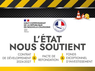 Banner graphic: French government support message with logos, safety cones and hard hat on white background, saying "L'ÉTAT NOUS SOUTIENT".