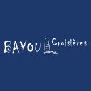 Bayou Croisières logo: white hand-drawn text with a small boat sketch on a dark blue background