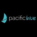 Logo for Pacific Blue with a teal abstract sail-shaped icon on a black background