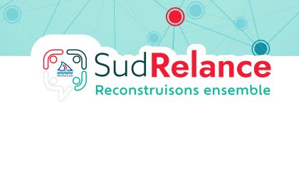 SudRelance banner: logo and the slogan 'Reconstruisons ensemble' on a teal network background.