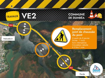 Commune de Dumbéa, Remplacement joint de chaussée du pont A partir du 8 janvier Durée : 1 mois hors intempéries Circulation réduite à 2 fois 1 voie