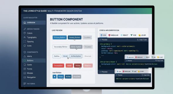 UI design system dashboard showing button component examples and code snippets on a monitor.