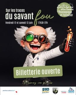 Poster promoting an event with a cartoon mad scientist holding a test tube; prominent 'Billetterie ouverte' banner and event details in French.