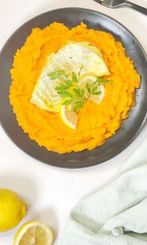 plat papillotes de picot et purée igname carotte