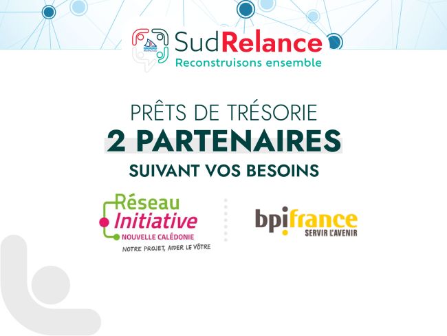 Banner with SudRelance branding and the French caption about treasury loans, plus partner logos Réseau Initiative Nouvelle-Calédonie and bpifrance.