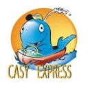 Logo for CASY EXPRESS: a blue cartoon sea creature in a small boat with a taxi hat, against an orange sun background.