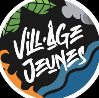 logo : Circular logo with black background, white text 'Village Jeunes' and surrounding green leaves, orange flame, and blue waves.