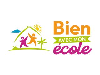 Logo for 'Bien avec mon école' showing two colorful children under a green arch with a sun and palm tree, conveying a joyful school environment.