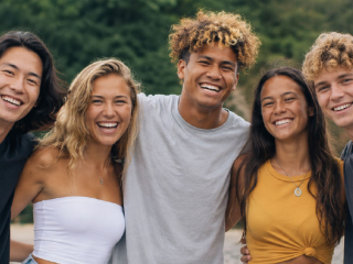 Seven diverse friends with arms around each other, smiling outdoors.