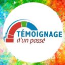 Logo for 'TÉMOIGNAGE d'un passé' featuring a multicolored arc on a white circle with blue title text and a colorful paint-splatter background.