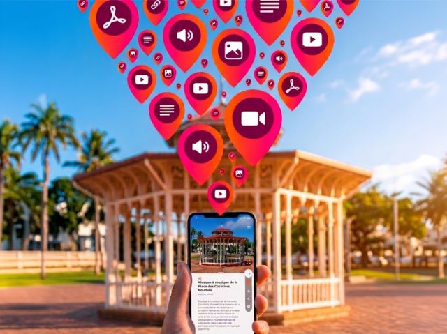 Hand holding a smartphone showing a gazebo; pink location pins with social icons rise into the blue sky in a park.