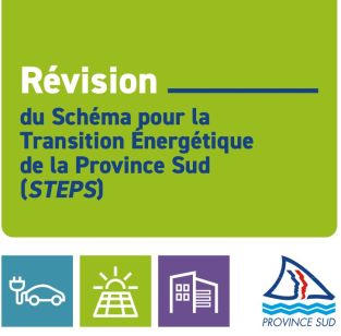 Green banner with the French title 'Révision du Schéma pour la Transition Énergétique de la Province Sud (STEPS)' and three icons: EV charging, solar panel, and building, plus the Province Sud logo.