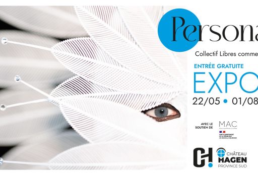 Promotional banner for Persona Expo with white feathers, blue circle logo, and event dates (22/05–01/08) on the right side.