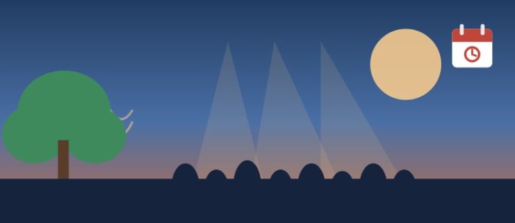 Stylized dusk landscape: tree by dark water, layered hills, and a large sun with a calendar icon in the upper-right corner.