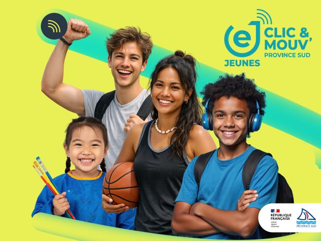 Smiling diverse group of young people in sports gear on a bright yellow background with logos in the corner.