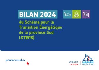 Bilan du STEPS v2 sur l’année 2024 Bilan 2024 – Schéma pour la Transition Énergétique de la province Sud (STEPS); icônes: prise, panneau solaire et bâtiment; logos Province Sud et AGIR POUR L'AVENIR.