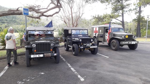 Line of vintage military jeeps with American flags parked in a lot, man standing nearby under a TAXIS sign in a scenic area.
