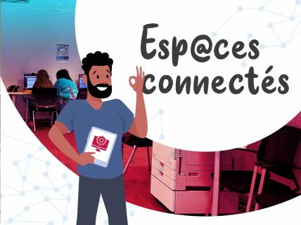 Illustrated banner: a man with a tablet stands in a tech lab while people work at computers in the background; network nodes decorate the scene.