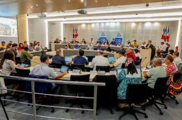 Panel of officials seated at a long desks in a conference room, with an audience using laptops and microphones; flags and banners in the background. Council meeting in progress.