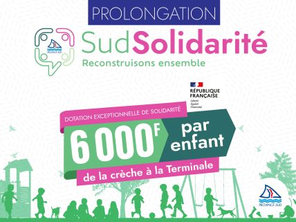 Banner for Prolongation Sud Solidarité with colorful 'Sud Solidarité' text and logos, promoting support for children and families.