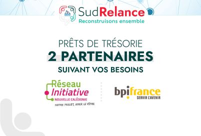 Banner with SudRelance branding and the French caption about treasury loans, plus partner logos Réseau Initiative Nouvelle-Calédonie and bpifrance.