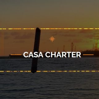 logo : Casa Charter logo over a sunset marina background with a small star glyph centered above the text.